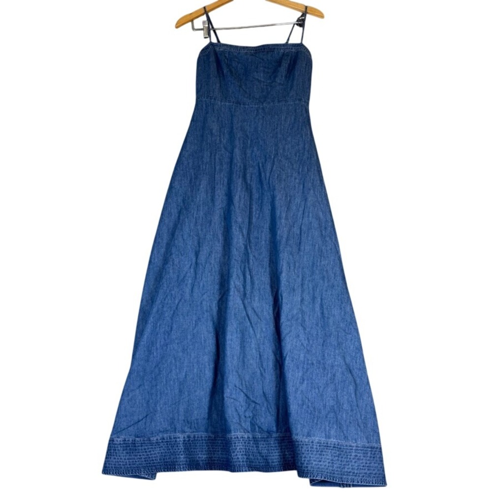 Tuckernuck Denim Maxi Dress Blue Smocked Back Adjustable Straps Pockets XS
